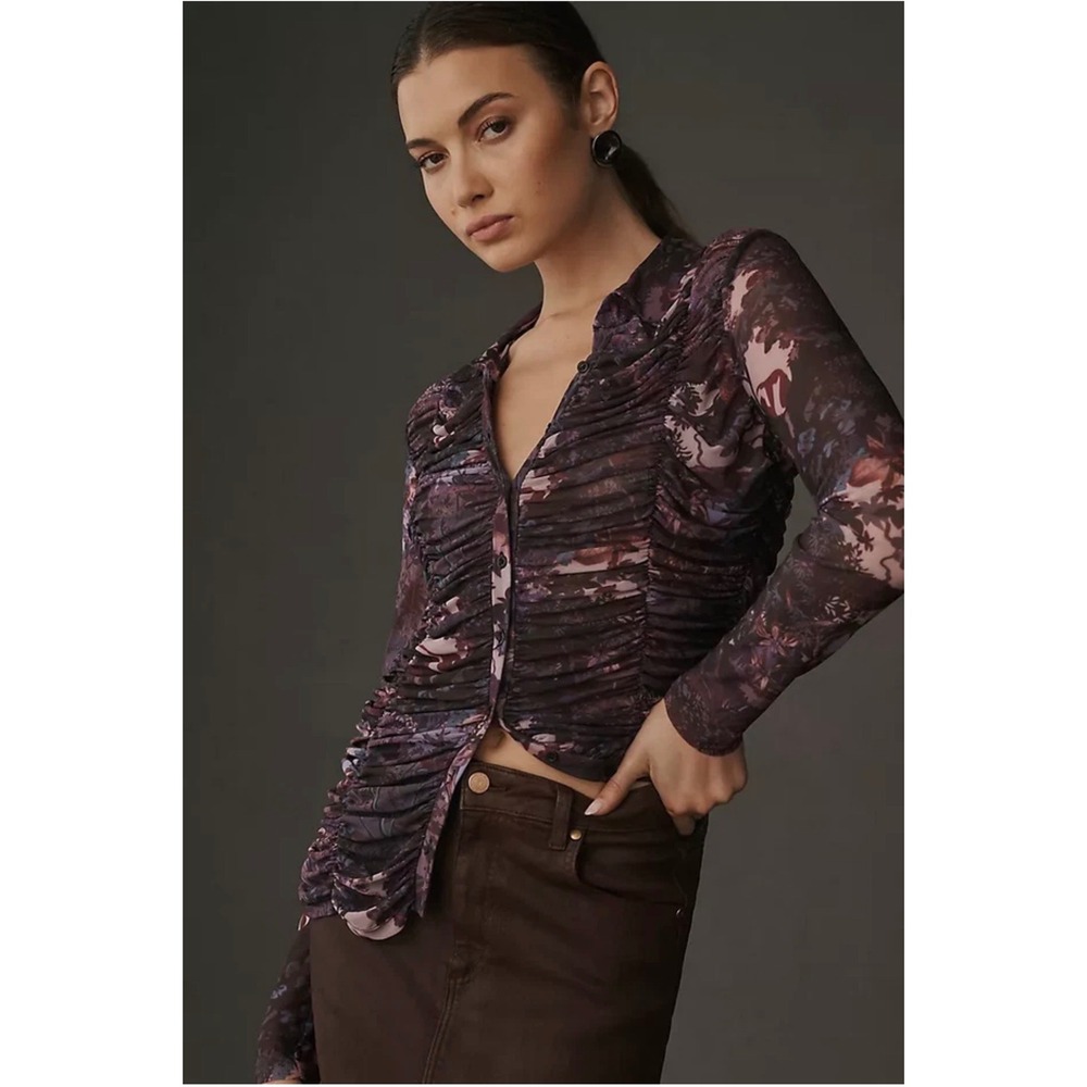 Pilcro Anthropologie Ruched Mesh Floral Print Button‎ Down Top Purple Size Small